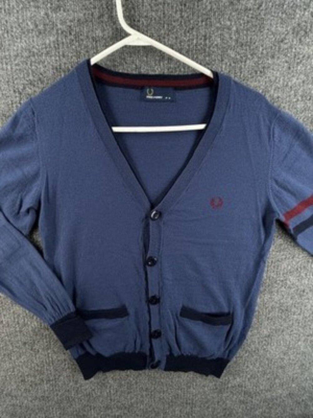 Fred Perry V-Neck Medium Black Blue Sweater Cardigan Logo Wool Knit Men Designer